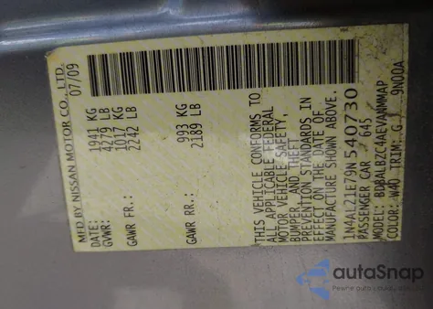 2009 Nissan Altima 2.5 S z USA, uszkodzony, nr VIN 1N4AL21E79N540730